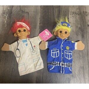 Vtg Set of 2 Russ HAND PUPPET Troll DOLLS Police Officier & Nurse or Doctor Pair